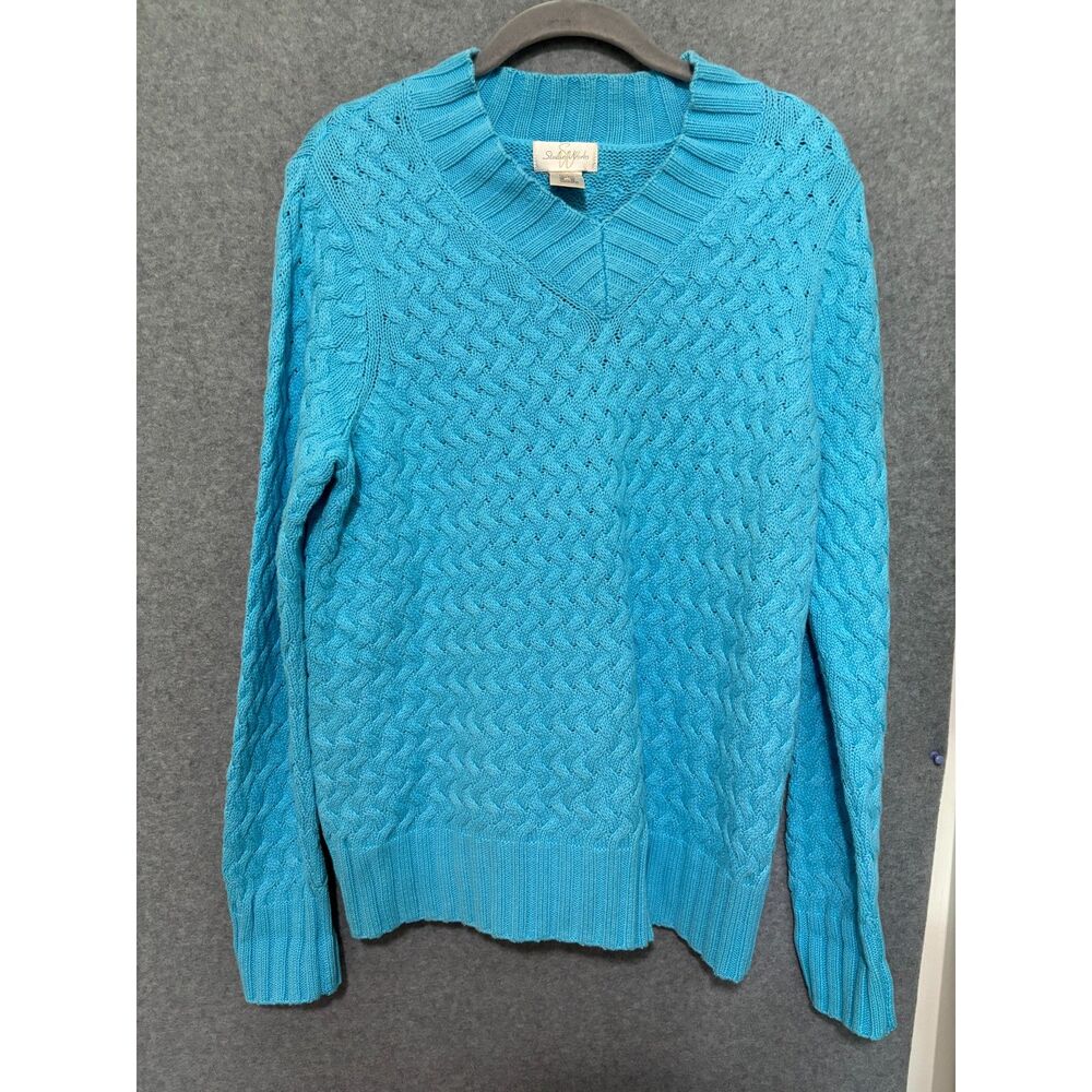 Studio Works Blue Cable Knit Sweater Cotton V Neck Chunky Preppy Spring Academia